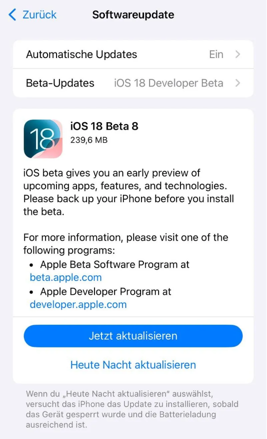 汕尾苹果手机维修分享苹果 iOS / iPadOS 18 开发者预览版 Beta 8 发布 